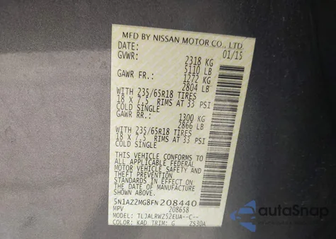 2015 Nissan Murano Sl from USA, damaged, VIN 5N1AZ2MG8FN208440